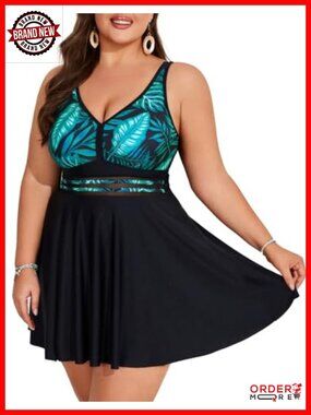 Plus Size Tankini Swim Dress with Boyshorts - Two Piece Mesh Front Bathing Suit